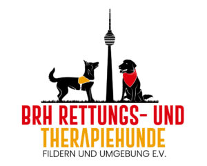 Ein Rettungshund und ein Besuchshund, dazwischen der Fernsehturm Stuttgart | LOGO BRH Fildern